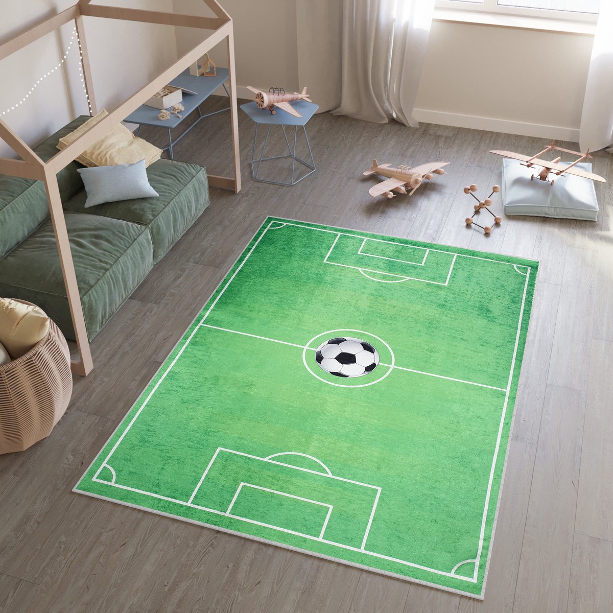Tapiso Emma Vloerkleed Kinderkamer Jeugdkamer Voetbalveld Tapijt- 120x170 Groen