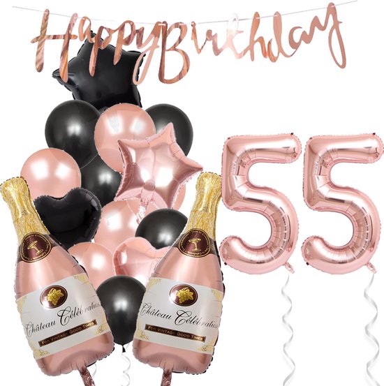 55 Jaar Verjaardag Cijferballon 55 - Feestpakket Snoes Ballonnen Pop The Bottles - Rose Zwart Versiering