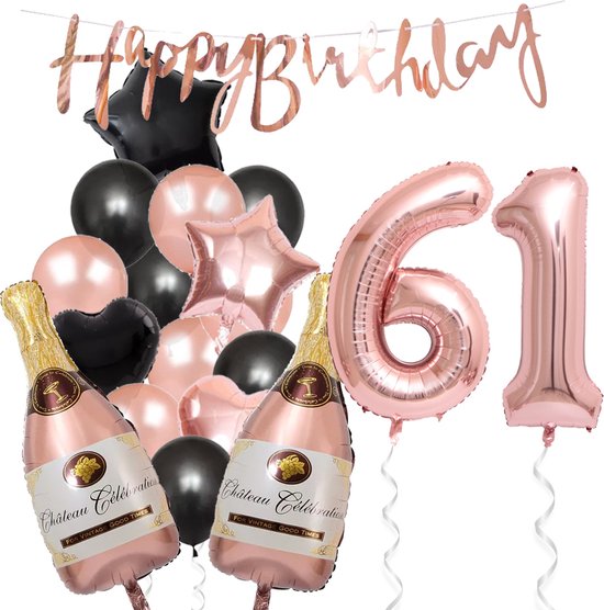 61 Jaar Verjaardag Cijferballon 61 - Feestpakket Snoes Ballonnen Pop The Bottles - Rose Zwart Versiering