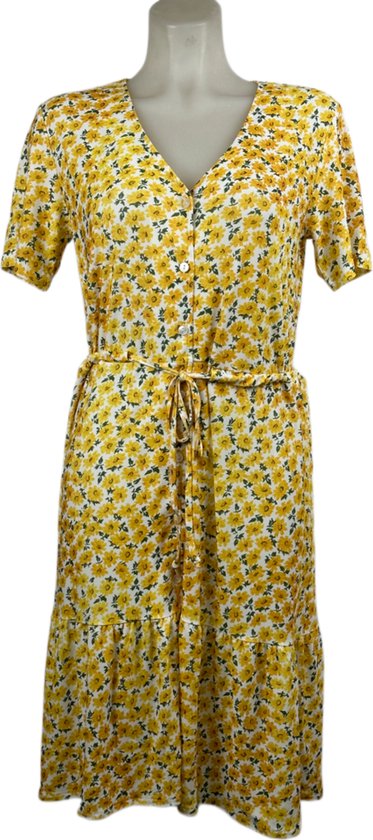 Angelle Milan – Travelkleding voor dames – Gele Bloemenjurk met Strik – Ademend – Kreukherstellend – Duurzame jurk - In 4 maten - Maat S