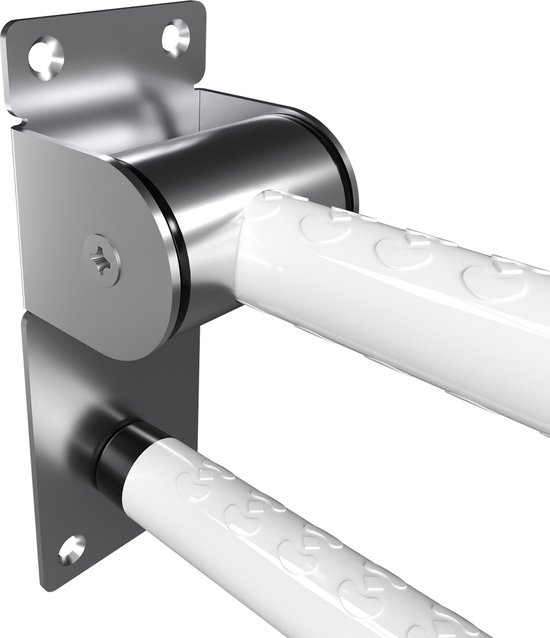 Close-up van de metalen wandbevestiging van een opklapbare toiletbeugel met de witte, gestructureerde handgreep.