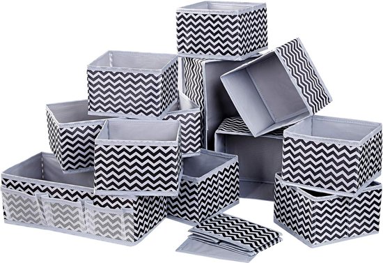 Set de 12 boîtes de rangement, organisateur de tiroir pour chaussettes, sous-vêtements, boîtes de rangement pliables en tissu pour placards, tables, système d'organisation de tiroir (gris clair)