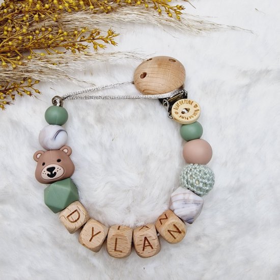 Blue or pink -Speenkoord met naam - Groen Bruin Marmer - met beer - unisex - Speenketting - babycadeau - kraamcadeau-