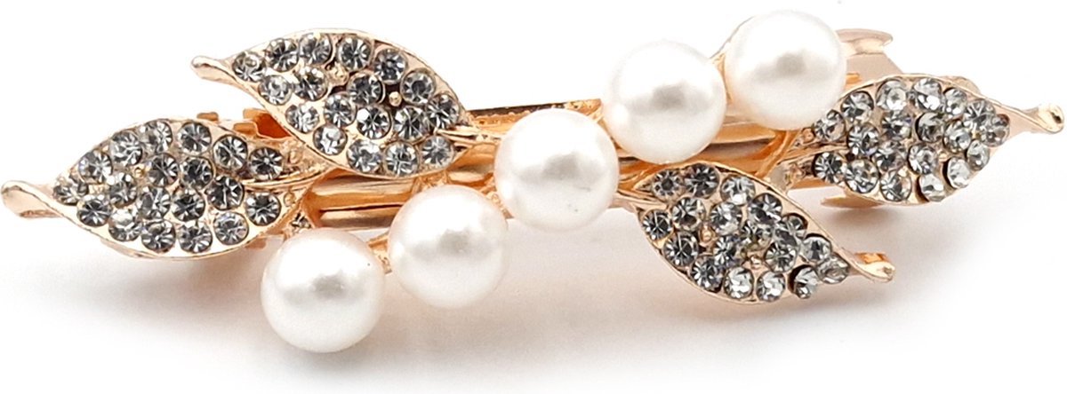 Grote rose-gold kleurige haarspeld met blaadjes naturel strass en witte parels- 7 cm