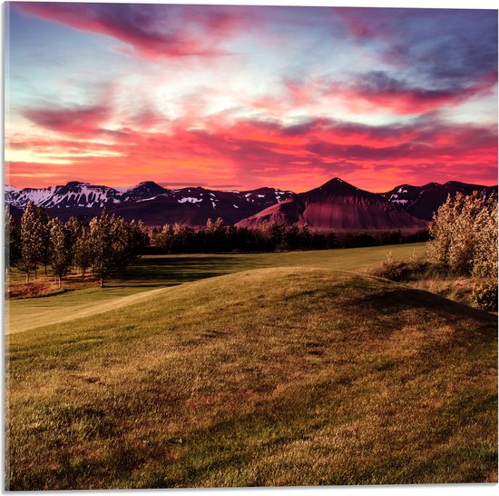Acrylglas - Roze Wolken boven Landschap Vol Bomen en Bergen - 50x50 cm Foto op Acrylglas (Wanddecoratie op Acrylaat)