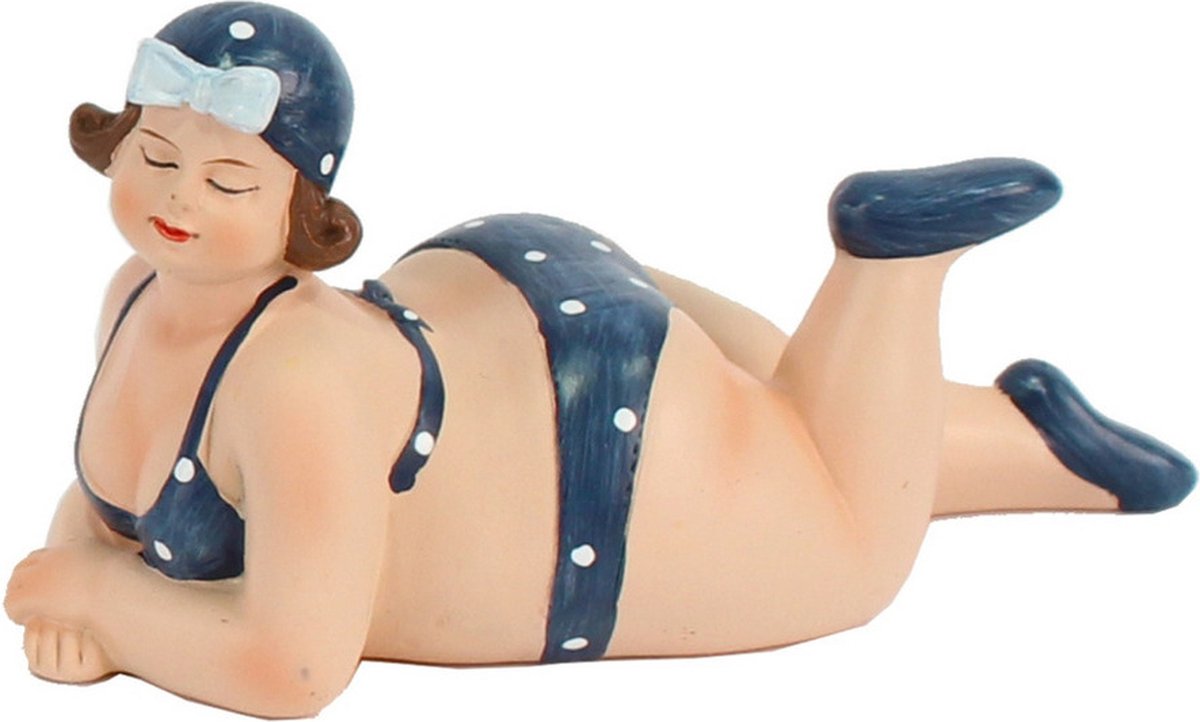 Home decoratie beeldje dikke dame - liggend - donkerblauw badpak - 14 cm