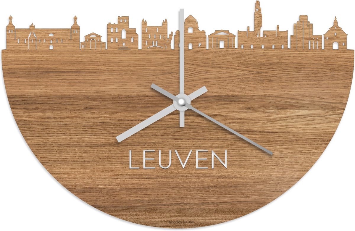 Skyline Klok Leuven Eikenhout - Ø 40 cm - Stil uurwerk - Wanddecoratie - Meer steden beschikbaar - Woonkamer idee - Woondecoratie - City Art - Steden kunst - Cadeau voor hem - Cadeau voor haar - Jubileum - Trouwerij - Housewarming - WoodWideCities