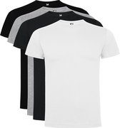 4 Pack Dogo Premium Unisex T-Shirt merk Roly 100% katoen Ronde hals Zwart, Wit, Lichtgrijs gemeleerd, Donker Grijs Maat XL