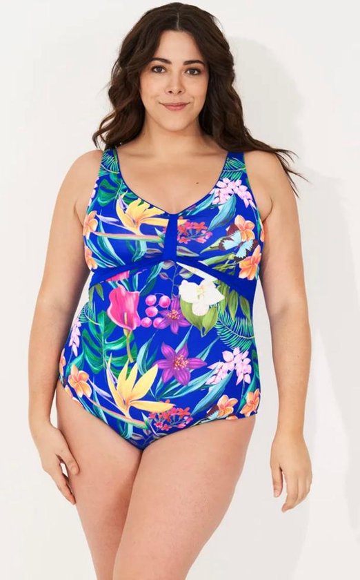 Zwempak Vrouwen- Grote maten Badpak- Dames Badmode Bikini- Strandkleding Swimwear VC768- Royal Blauw Bloemenprint- Maat 44