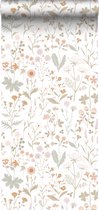 ESTAhome papier peint fleurs des champs vert et rose terre cuite - 139514 - 53 cm x 10,05 m