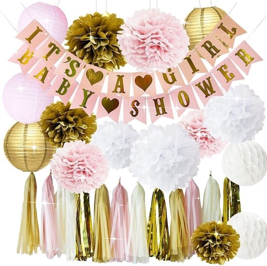 Een verzameling 'It's a Girl' babyshower decoraties in roze, goud en wit.