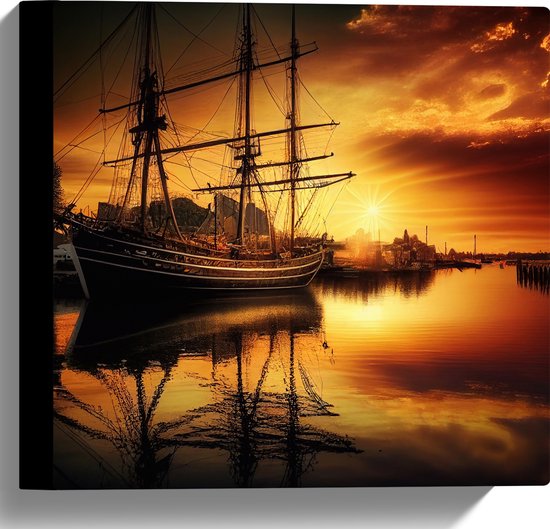 Canvas - Zonnestralen van Zonsondergang op Zeilschip op het Water - 30x30 cm Foto op Canvas Schilderij (Wanddecoratie op Canvas)