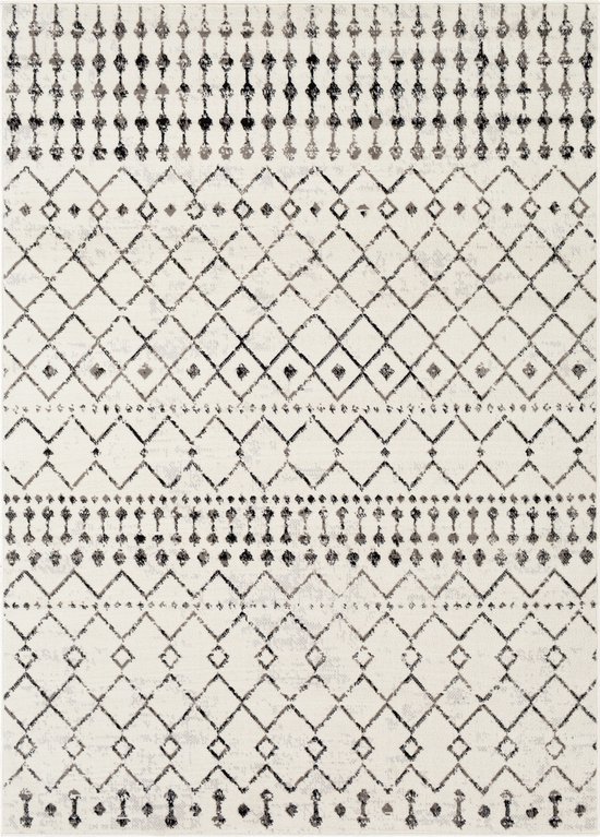 SURYA Vloerkleed - Woonkamer, Slaapkamer - Berber Etnisch Tapijt LEONOR - Wit/Zwart - 152x213 cm