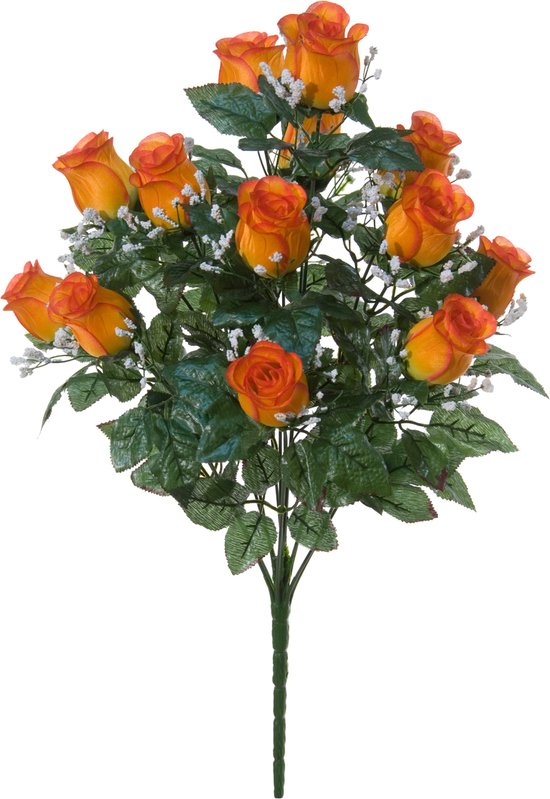Louis Maes Kunstbloemen boeket rozen/gipskruid - oranje - H56 cm - Bloemstuk - Bladgroen