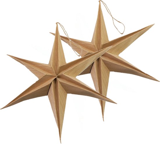 Stern Fabrik kerststerren decoratie - 2x - bruin - 29 cm - eco - papier - 6 punten - hangend