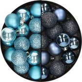 Decoris kleine kerstballen - 28x st - donkerblauw en ijsblauw - 3 cm - kunststof