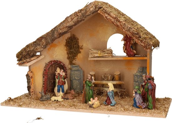 Foto: Complete kerststal met kerststal beelden 50 x 23 x 31 cm hout mos polyresin