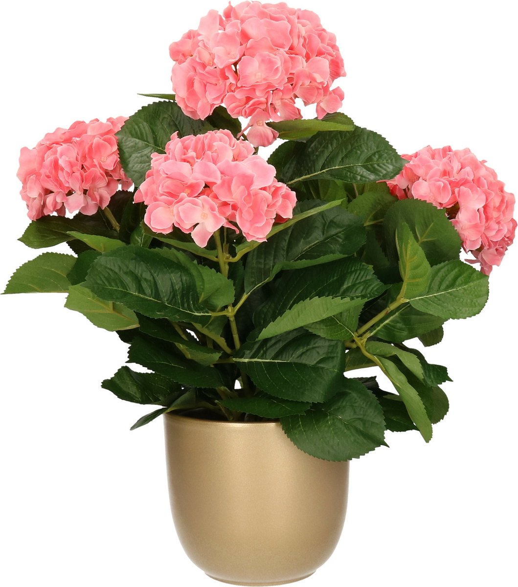 Mica Decorations Hortensia kunstplant/kunstbloemen 45 cm - roze - in pot goud glans - Kunst kamerplant