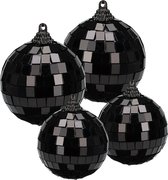 Grote discobal kerstballen - 4x stuks - zwart - 6 en 8 cm - kunststof