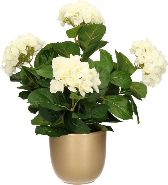 Hortensia kunstplant/kunstbloemen 45 cm - wit - in pot goud glans - Kunst kamerplant