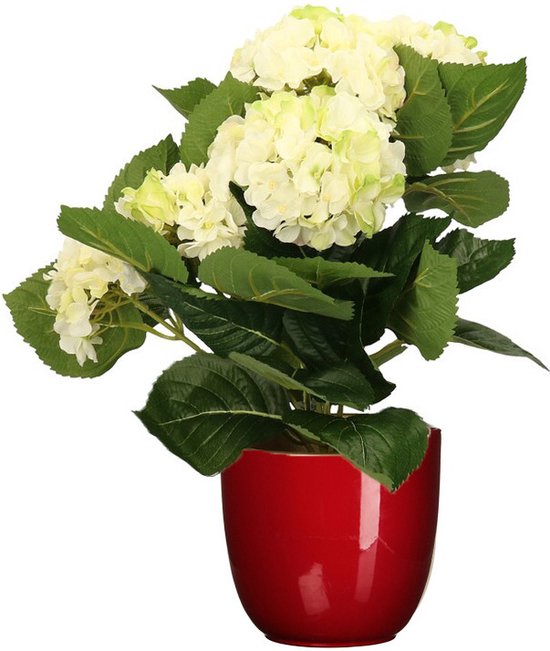 Hortensia kunstplant/kunstbloemen 36 cm - wit/groen - in pot rood glans - Kunst kamerplant