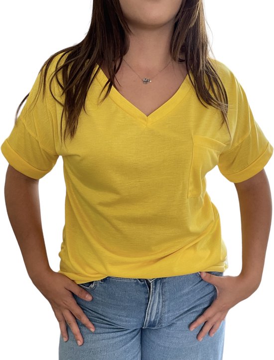 ASTRADAVI Casual Wear - Dames V-Hals T-Shirts met Borstzakje - Trendy Opgerolde Mouwen - Geel / Large