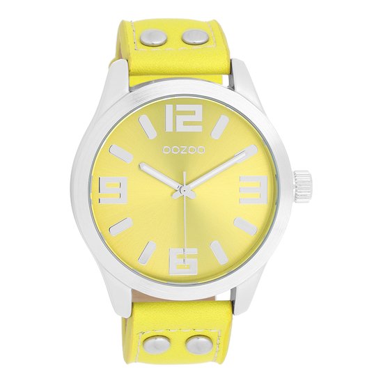 OOZOO Timepieces - Zilverkleurige OOZOO horloge met fluo gele leren band - C1071