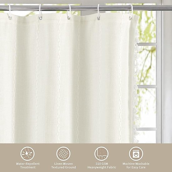 Boho Extra Long Rideau de Douche 180 x 200 cm xl Coton Lin Leibele Ceinture Grenouille Tissu Rideau de Douche Ensemble avec Crochet pour Vintage Country Home Salle de Bain Décor, Épais et Ride- Wit