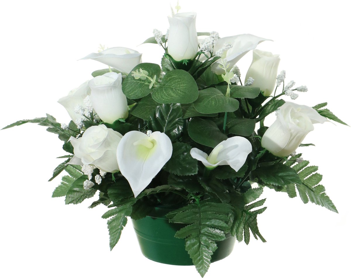Louis Maes Kunstbloemen plantje in pot - wit - 26 cm - Bloemstuk ornament - rozen met bladgroen