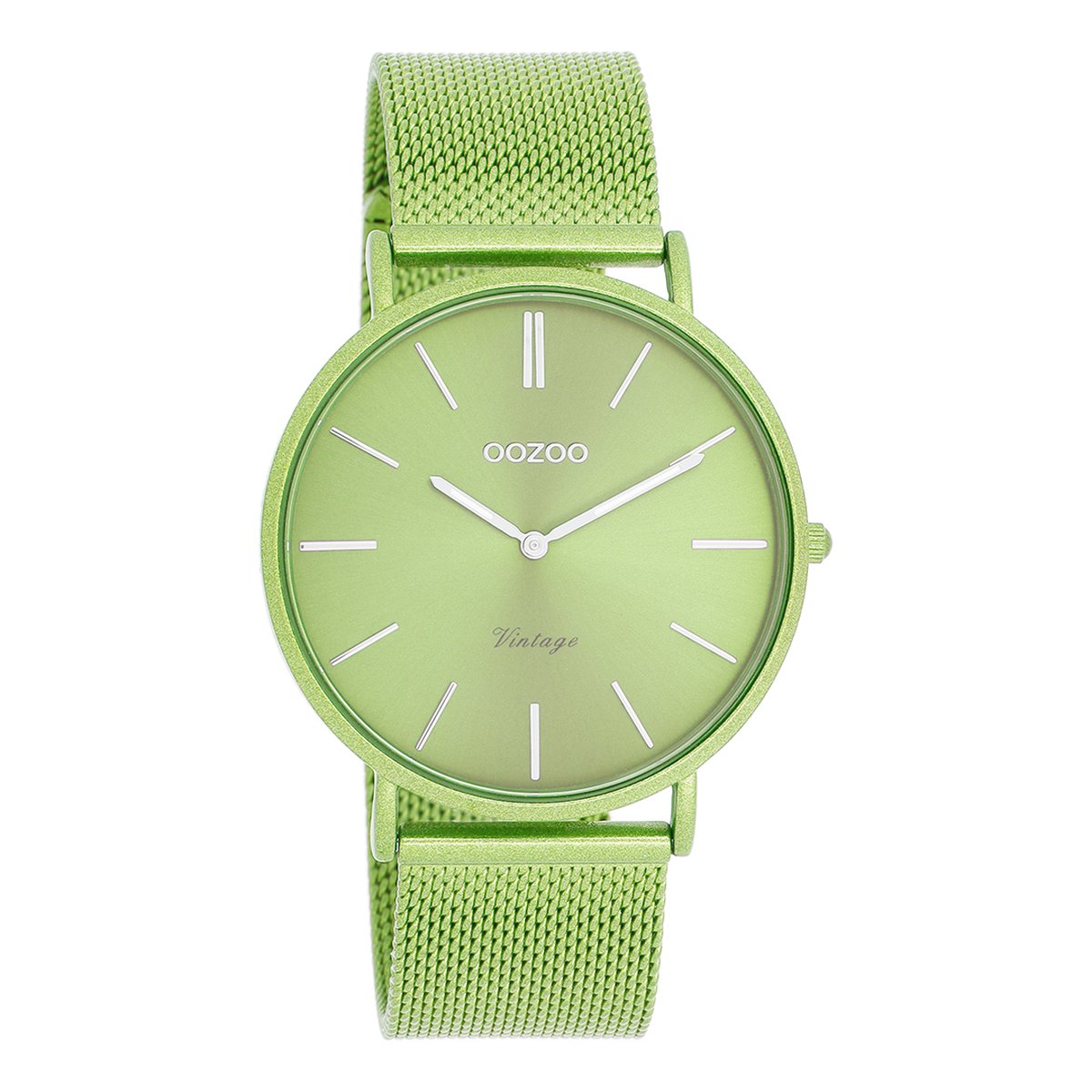 OOZOO Vintage series - Limoen groene OOZOO horloge met limoen groene metalen mesh armband - C20330