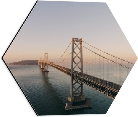 Dibond Hexagon - Brug in San Francisco met Zee - 40x34.8 cm Foto op Hexagon (Met Ophangsysteem)
