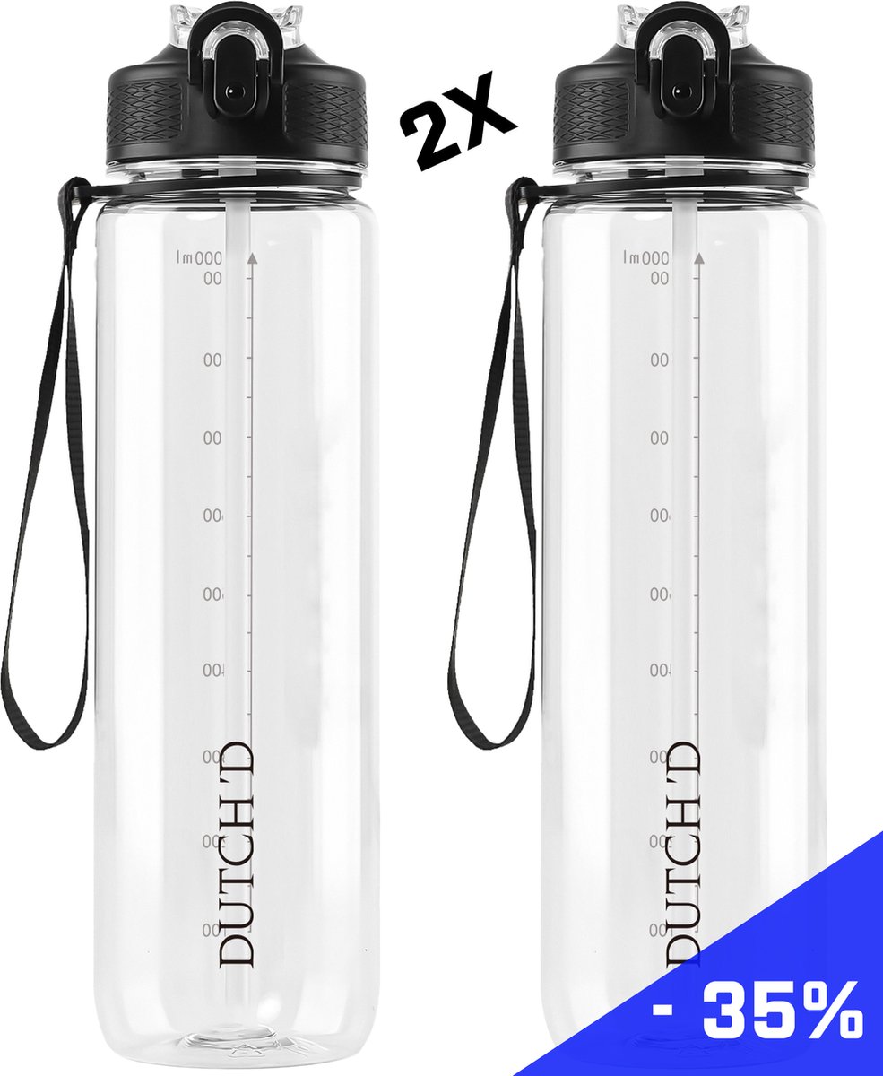 Dutch'D ® - 1 Liter - DEAL! Set van 2 stuks - Waterfles met rietje - Drinkfles - Transparant - Tritan - BPA Vrij - Rietje - Lek Vrij - Drinkfles Volwassenen en Kinderen