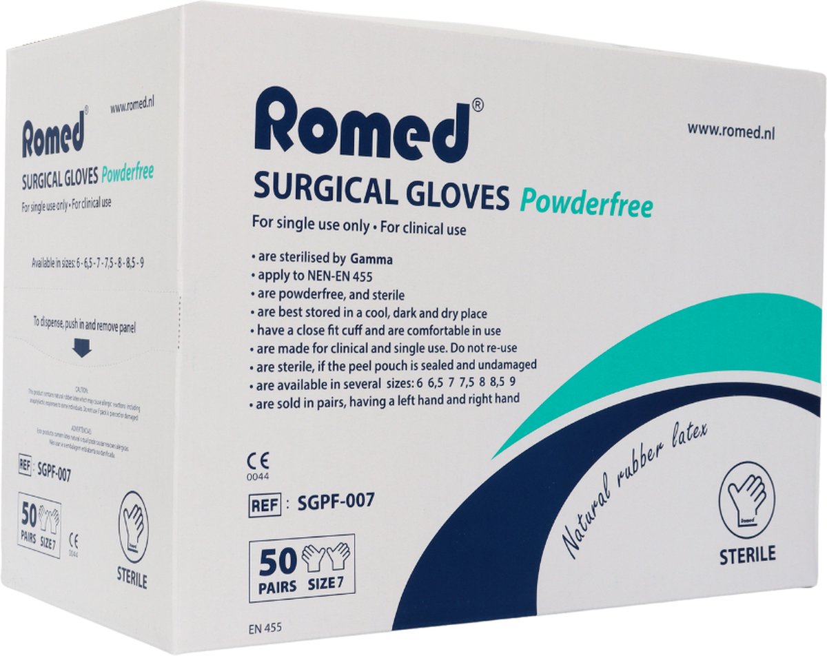Goedkoopste Romed latex operatiehandschoenen poedervrij steriel verpakt - Set van 5 doosjes Maat 7.0 Romed