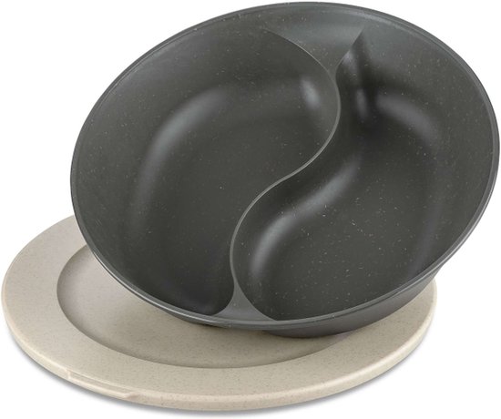 Donkergrijs, verdeeld bord op een lichtgrijs plateau, uit de bio-circulaire collectie.