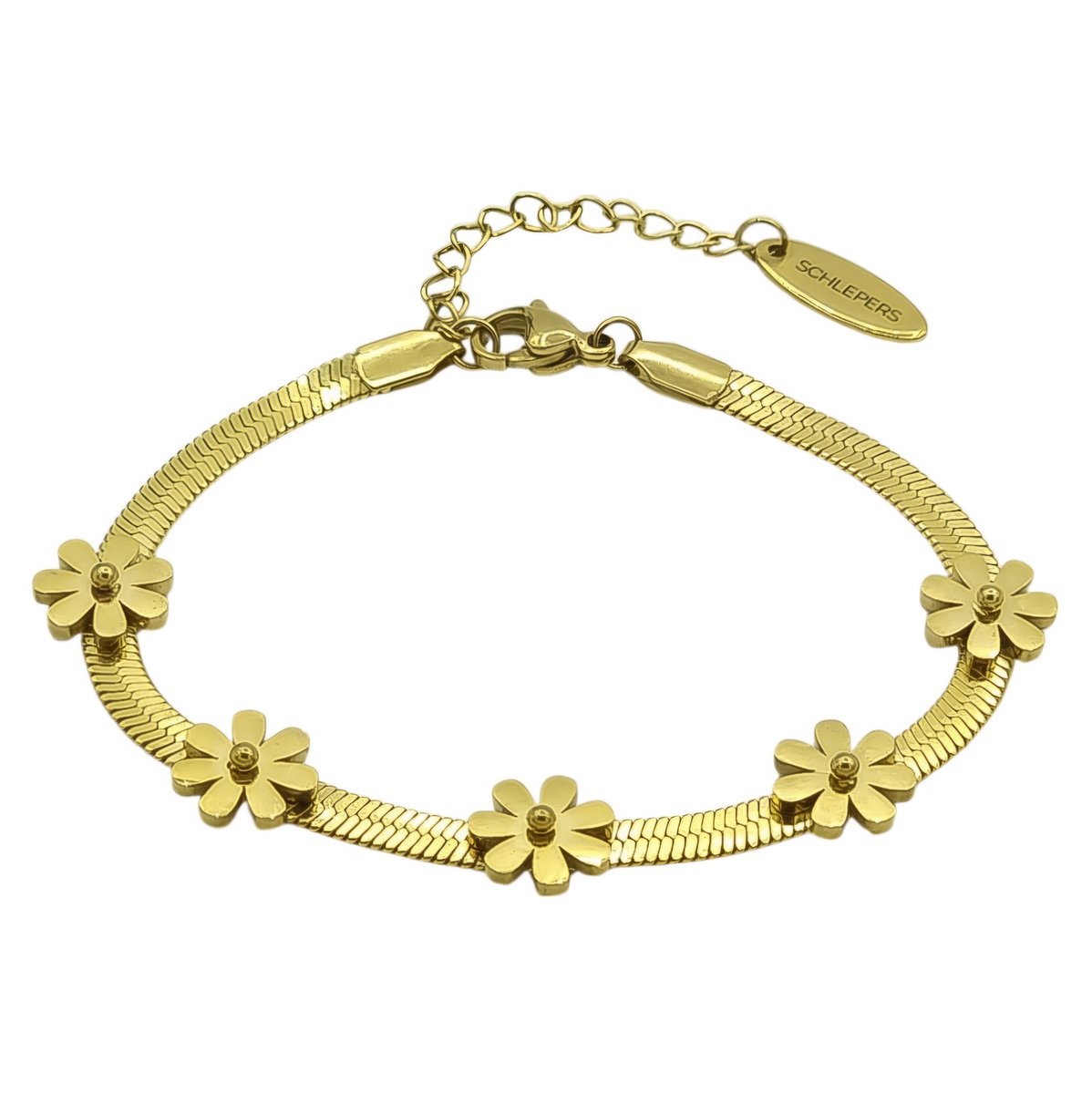 Goudkleurige stalen damesarmband – Herringbone schakel met bloemen – Verstelbaar 17-22 cm