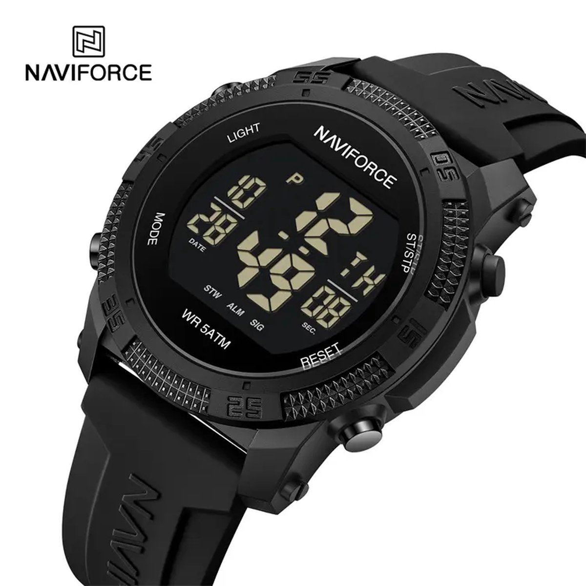 NAVIFORCE digitaal horloge voor mannen, met zwarte silica polsband, zwarte uurwerkkast en zwarte wijzerplaat ( model 7104 BB ), verpakt in mooie geschenkdoos