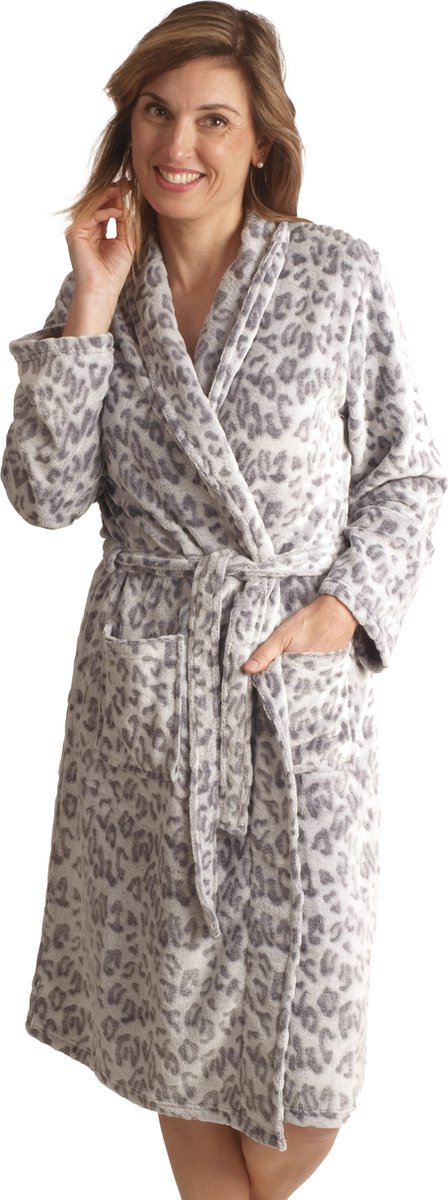 Cocodream dames badjas fleece - Panter - Warme winter ochtendjas - M - Grijs