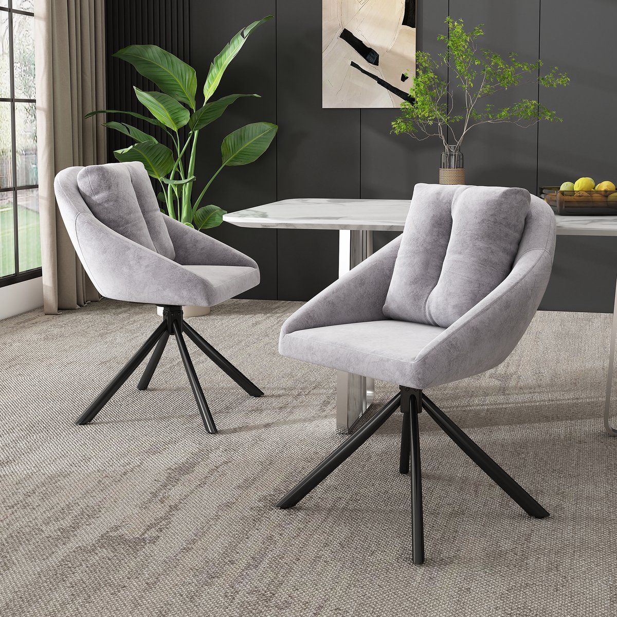 Sweiko Moderne Grijze Fluwelen Stoel, 2-sets,Geschikt voor 360° rotatie, Stijlvolle en comfortabele roterende eetkamerstoel, ademende fluwelen stof, ergonomisch ontwerp, elegante Grijze roterende stoel Grijs