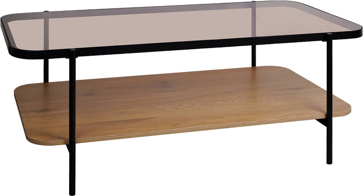 sweeek - Vintage salontafel in zwart metaal met 2 bladen (glas en houtdecor), afgeronde randen