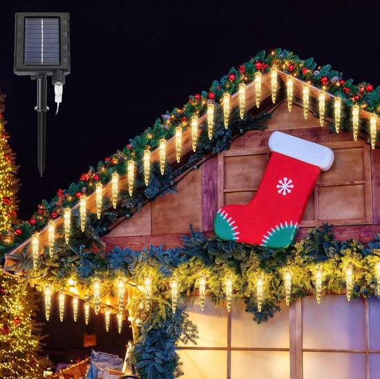 Foto: Led ijspegel kerstverlichting solar 10m 80leds ip44 8 modi zonne energie knipperende kerstversiering voor binnen en buiten decoratie verlichting kerstmis led energiezuinig en duurzaam warm wit