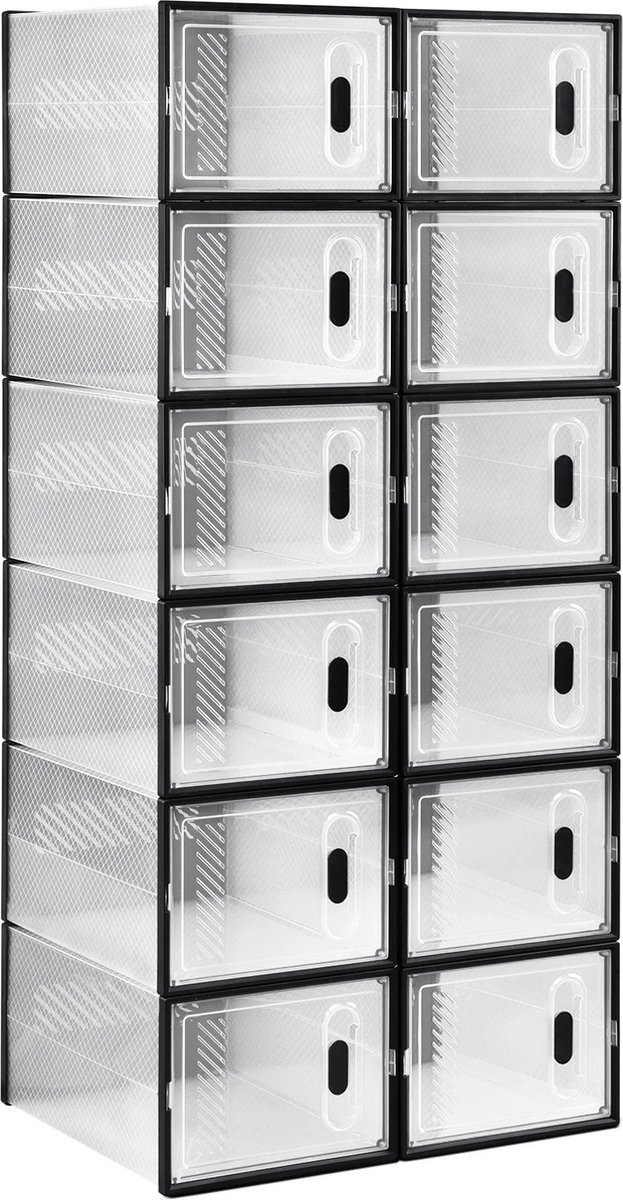 Set van 12 Sneakerboxen - Sneakerbox Organizer - Schoenendozen – Transparante Magnetische Deur – Stapelbare Opbergboxen & Organizers – 35x25x19 cm – Zwart