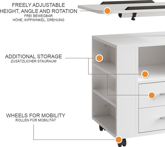 Table de chevet blanche avec plateau réglable, rangement supplémentaire et roulettes. "Freely adjustable height, angle and rotation".