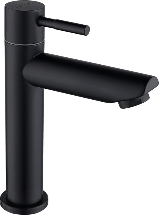 Zwarte wastafelkraan met een strak, modern design.
