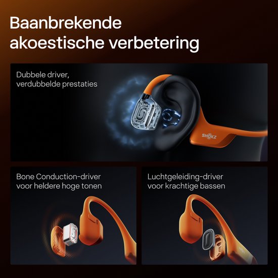 Illustratie van de geluidstechnologie van de oranje Shokz OpenRun Pro 2 koptelefoon, met dual drivers.