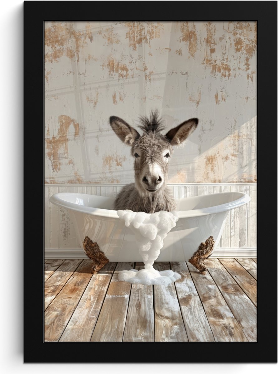FrameYourWall Poster in lijst - Fotolijst 20x30 cm - Posters - Ezel - Dieren - Badkuip - Schuim - Posterlijst zwart - Wanddecoratie badkamer - Muurdecoratie WC - Decoratieve accessoires - Toilet muur decoratie Ezel - Badkuip