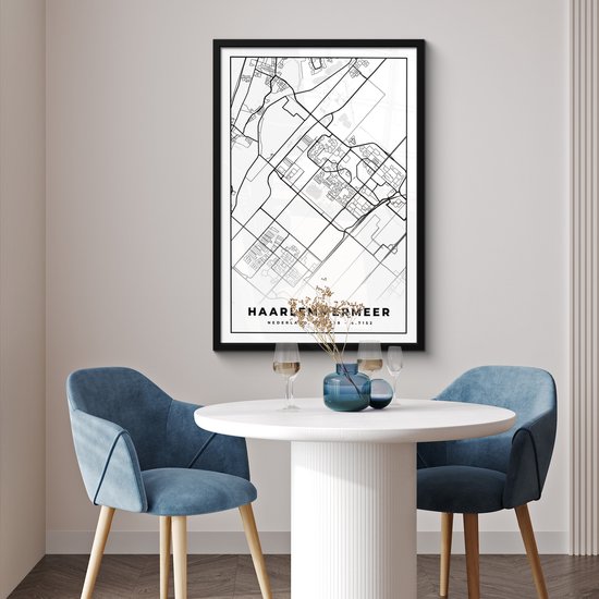 Affiche avec cadre Carte - Haarlemmermeer - Zwart - Wit - 60x90 cm