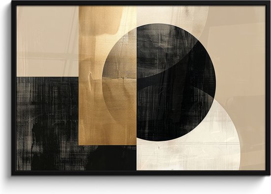 Abstracte poster met geometrische vormen in zwart, goud en beige.