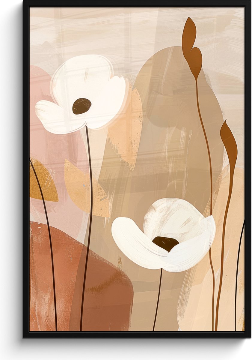 FrameYourWall Poster in lijst - Fotolijst 80x120 cm - Posters - Bloemen - Abstract - Beige - Line art - Posterlijst zwart - Decoratie - Wanddecoratie woonkamer - Muurdecoratie slaapkamer