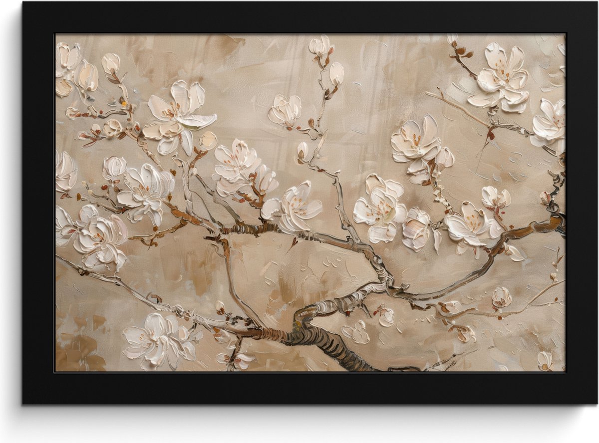 FrameYourWall Poster in lijst - Fotolijst 30x20 cm - Posters - Bloemen - Modern - Beige - Wit - Bloesem - Posterlijst zwart - Decoratie - Wanddecoratie woonkamer - Muurdecoratie slaapkamer