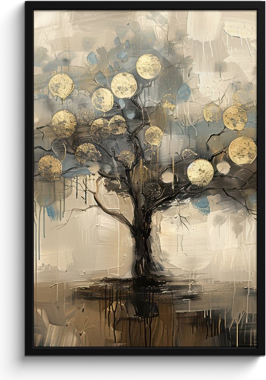Abstracte boom met gouden cirkels op een beige achtergrond, ingelijst in een zwarte lijst.
